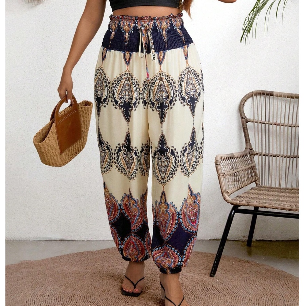 Plus Paisley Tribal Print Paperboy Stretchy Waist Pants - Picture 1 of 1